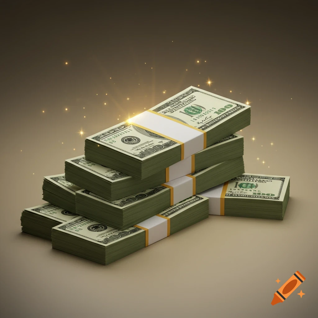 Multiple stacks of bundled 100 dollar bills with a golden glow on a brown-gold background.