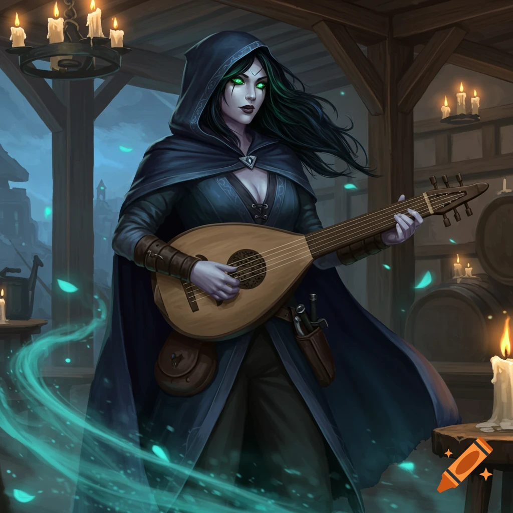 A pale-skinned female half-elf bard with glowing green eyes plays a lute in a dim, candlelit tavern, surrounded by ethereal blue mist.