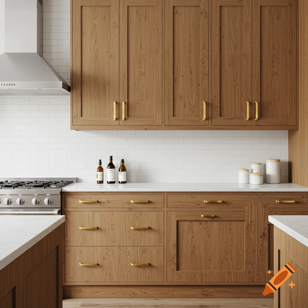 A modern kitchen with medium brown wood cabinets, gold pulls, white countertops, and a stainless steel range.