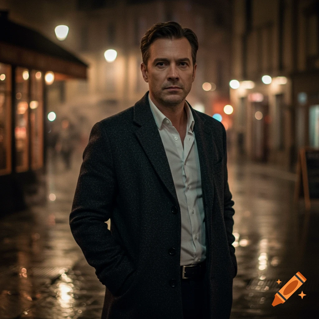 Photorealistic portrait of a man in a dark coat standing on a wet city street at night.