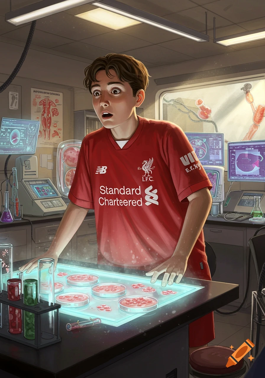 An amazed young boy in a Liverpool FC jersey stands in a futuristic biomedical lab, looking down at glowing petri dishes on a table.