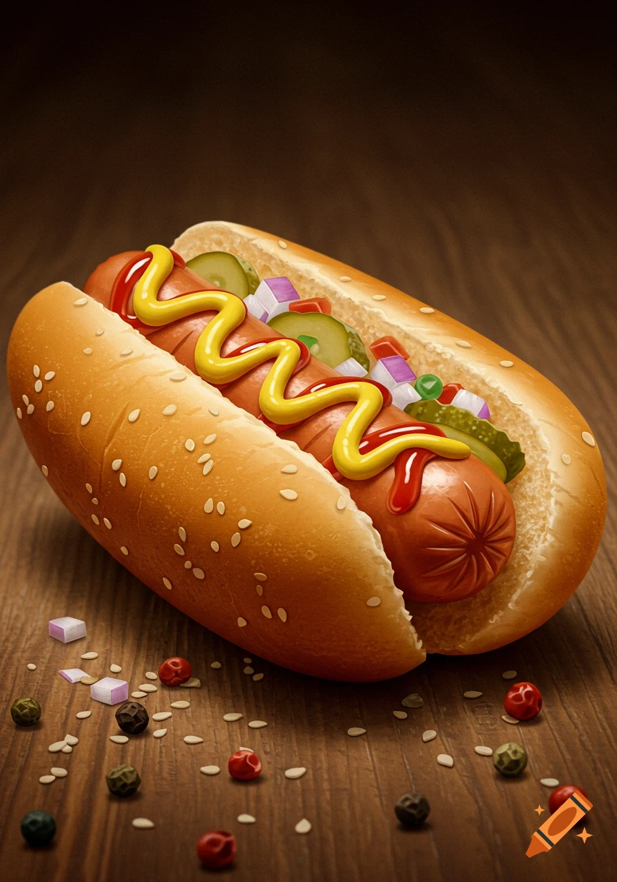 A photorealistic hot dog with mustard, ketchup, pickles, and onions on a sesame seed bun, resting on a wooden table.
