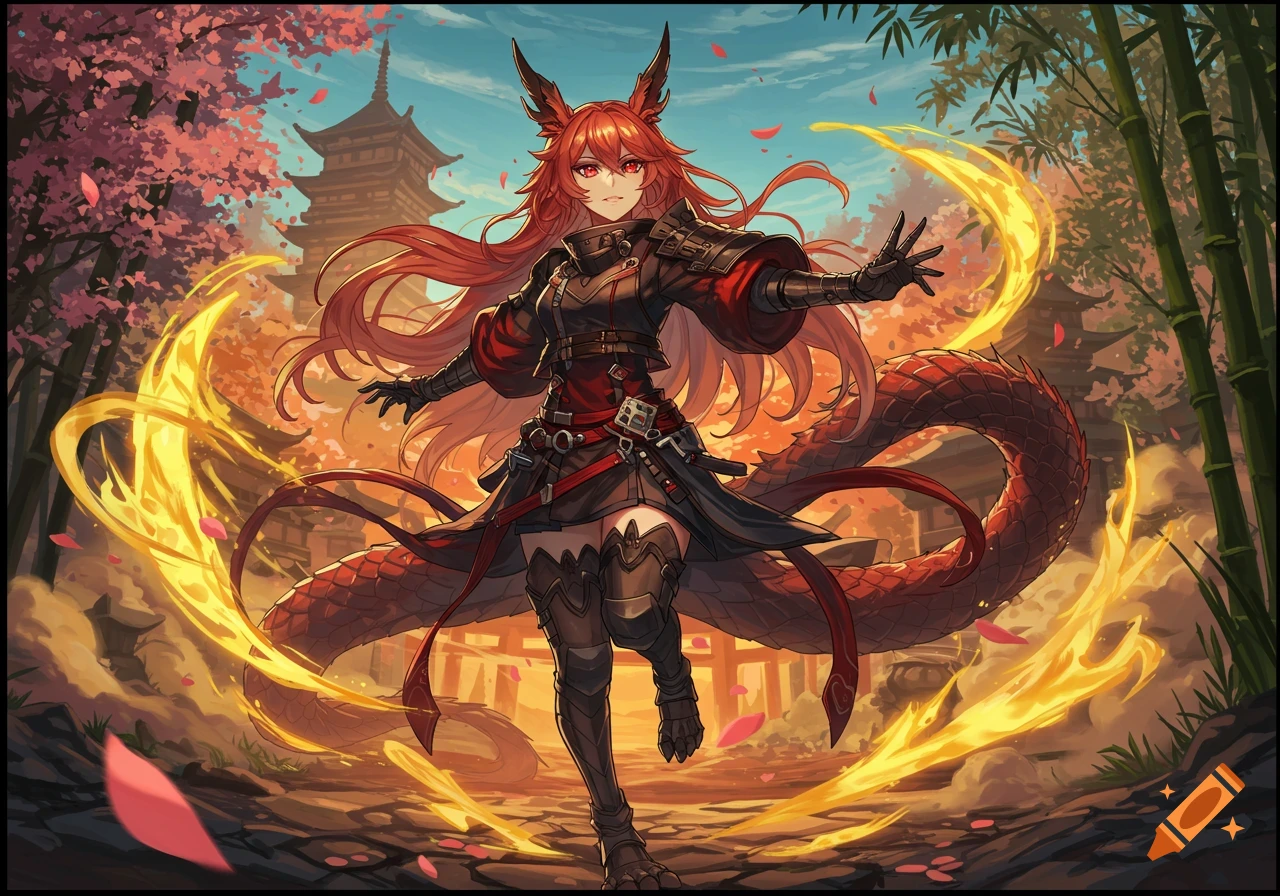 Red-haired anime character with dragon tail in a Japanese temple setting with cherry blossoms and swirling energy.