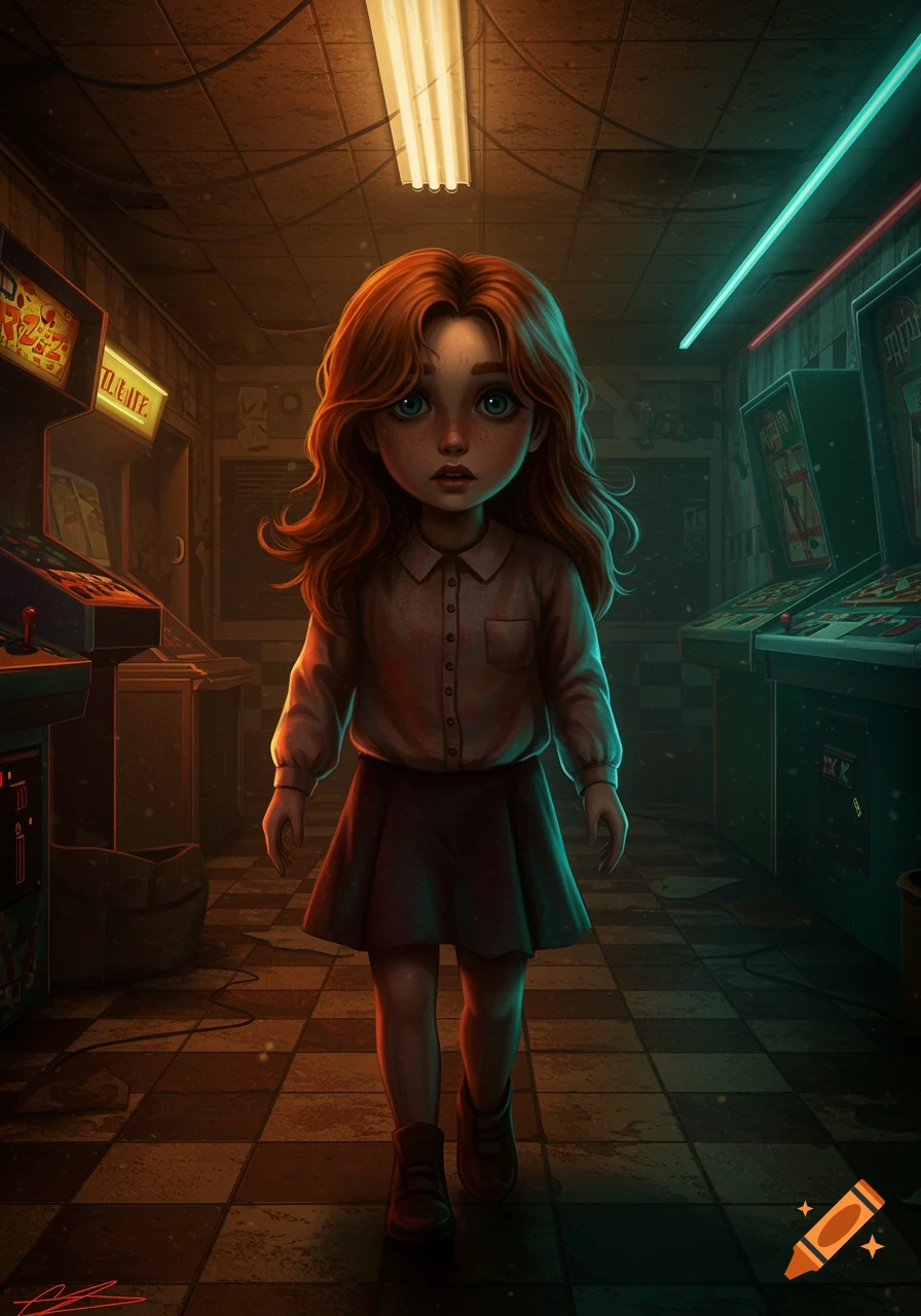 A young girl with red hair and big eyes stands in a dimly lit, eerie arcade with old gaming machines.