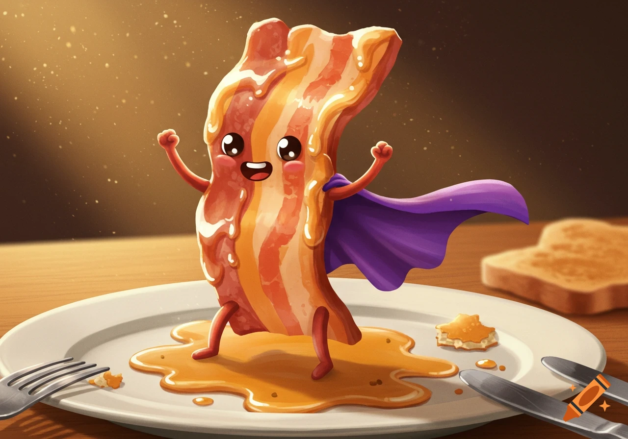 A cute, cartoonish superhero bacon strip with a purple cape stands on a plate covered in syrup, with a fork and knife nearby.