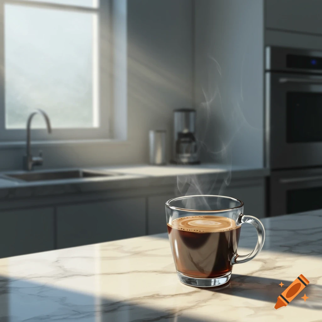 Photorealistic image of a steaming cup of coffee on a marble countertop in a sunlit kitchen.