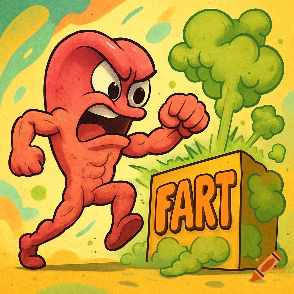 A muscular red cartoon tongue character with arms and legs punches a yellow box labeled "FART" as green gas clouds emanate.