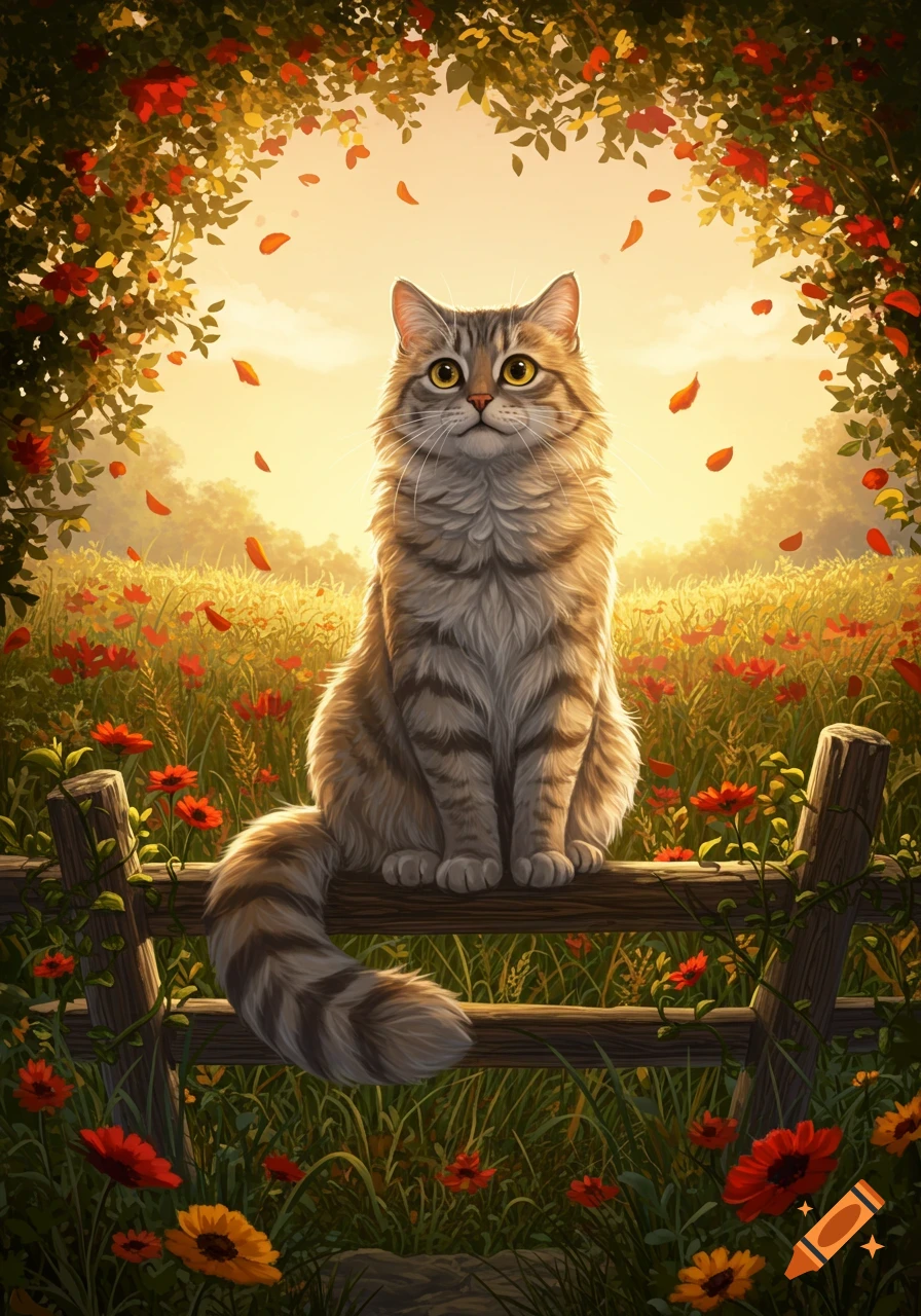 A fluffy tabby cat sits on a wooden fence in a sunny field with red and orange flowers and falling leaves, in a painterly style.