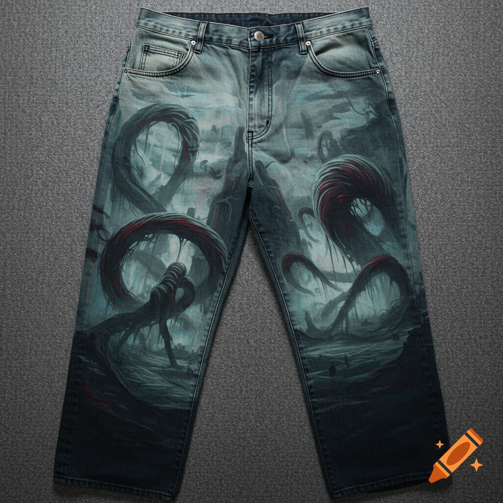 Oversized jeans printed with a dark, surreal Zdzisław Beksiński-inspired landscape featuring ominous tentacle-like structures.