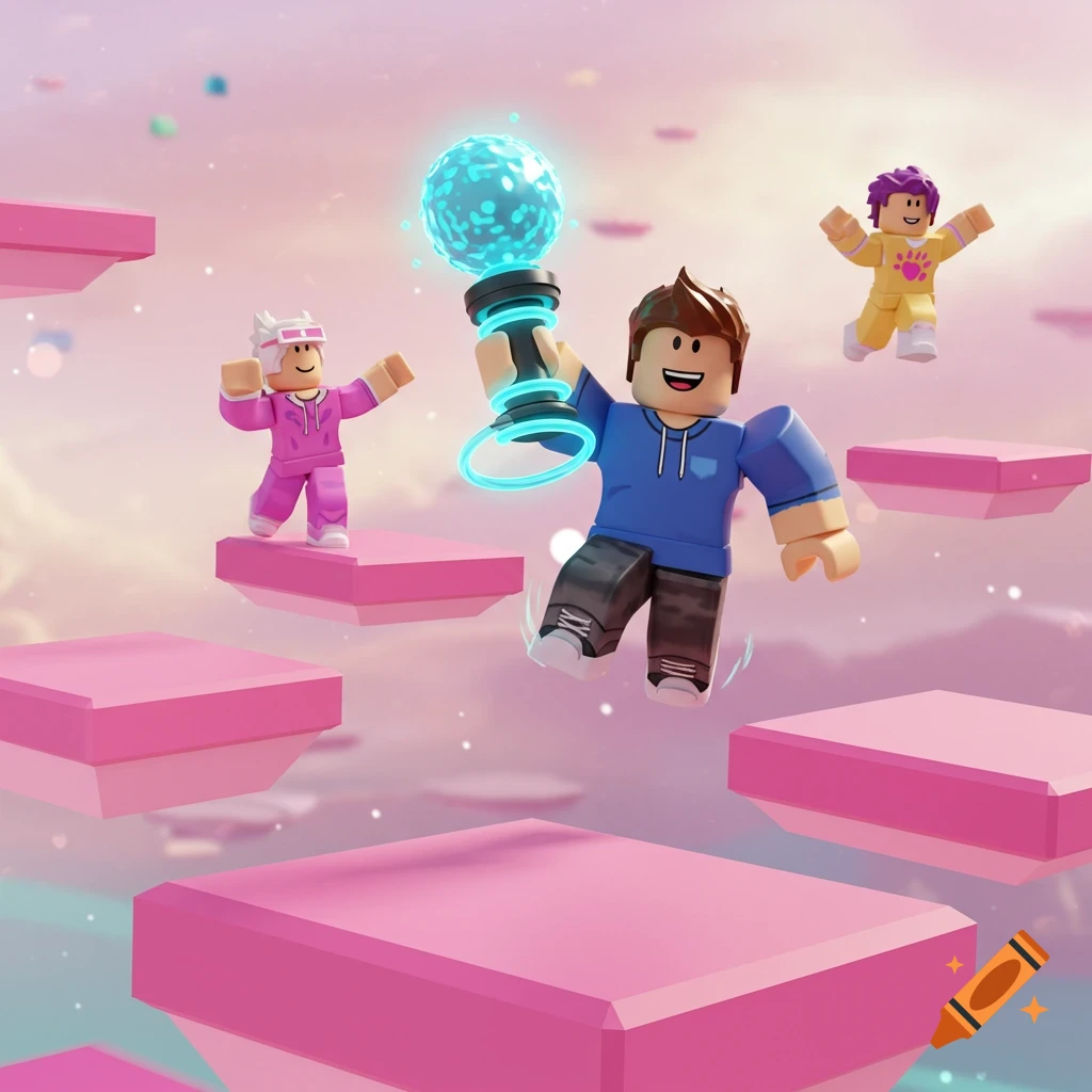 A group of Roblox characters, one holding a glowing blue gravity coil ...