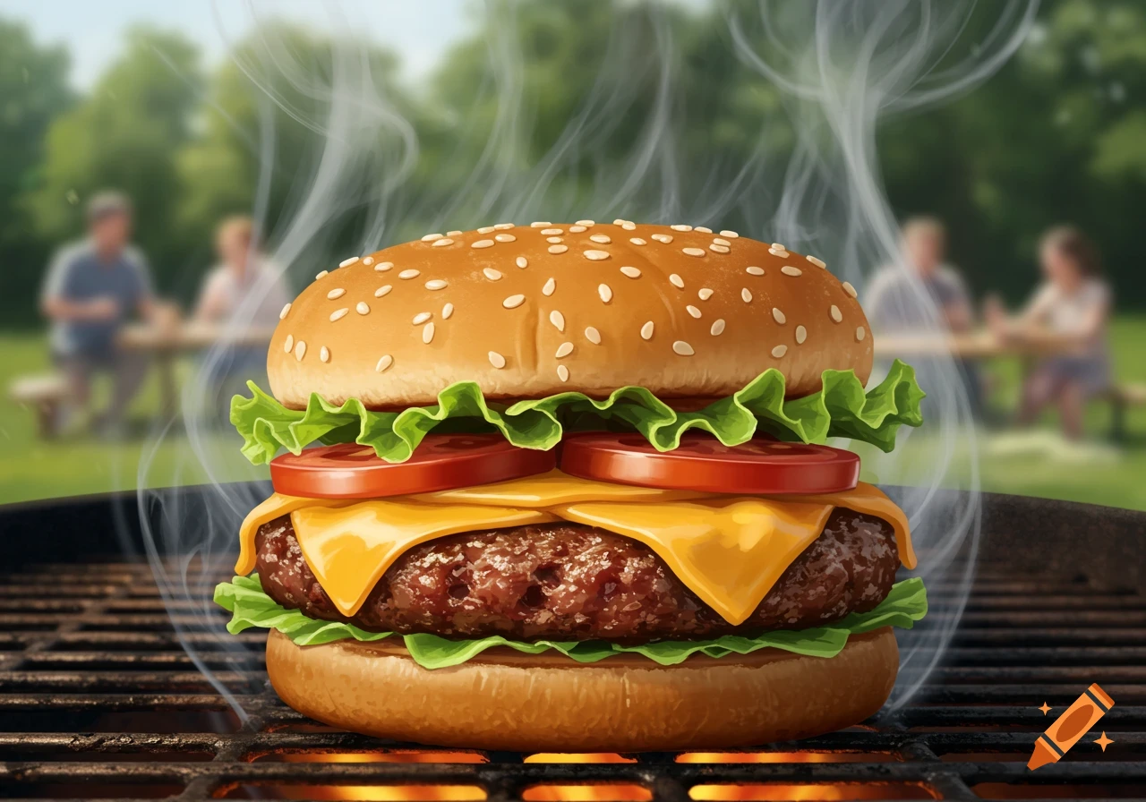 A photorealistic cheeseburger cooking on a hot grill, with steam rising and blurred people picnicking in the sunny background.