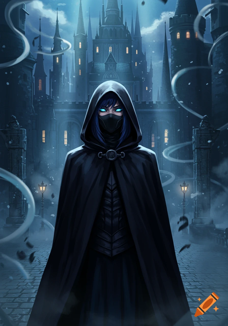 An anime woman in a black cloak with glowing blue eyes stands before a dark castle.