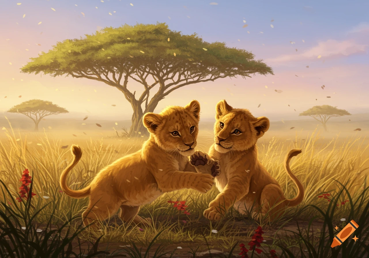 Two playful lion cubs interacting in a sunlit savanna with an acacia tree and scattered leaves.