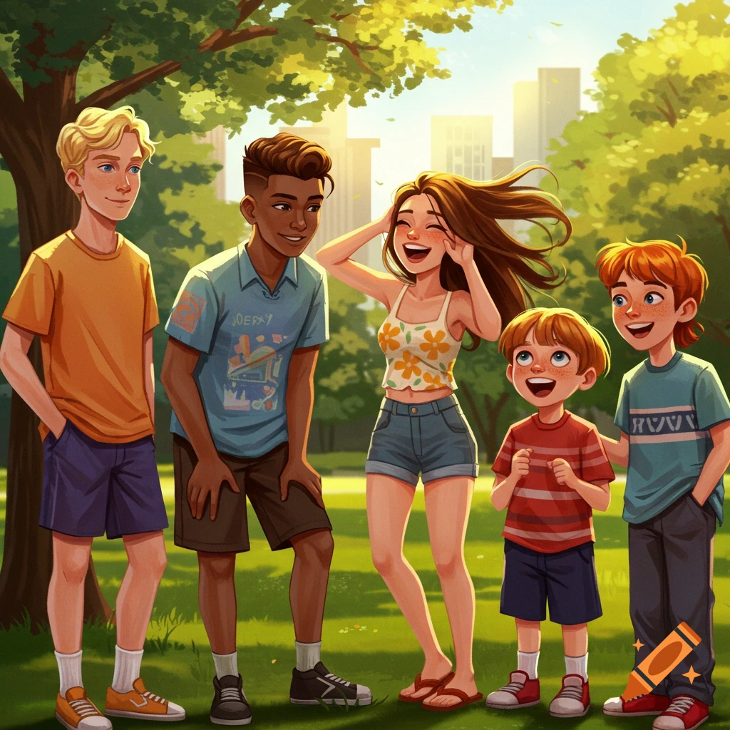 Five animated children and teens, including a blonde boy, a Black boy, a Latina girl, and two red-haired boys, standing and smiling in a sunny park with trees and city buildings in the background.
