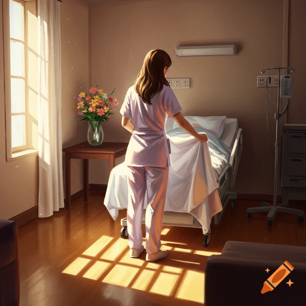 An anime-style image of a nurse from behind, making a bed in a sunny hospital room with a vase of flowers.