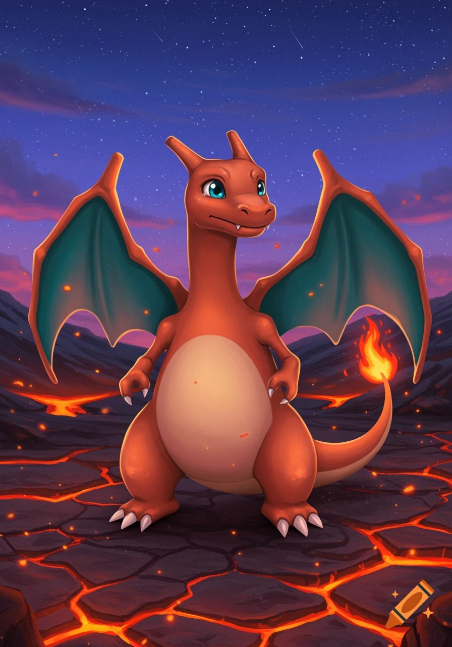 An orange Charizard with blue eyes stands on glowing lava rocks under a starry night sky with purple and orange clouds.