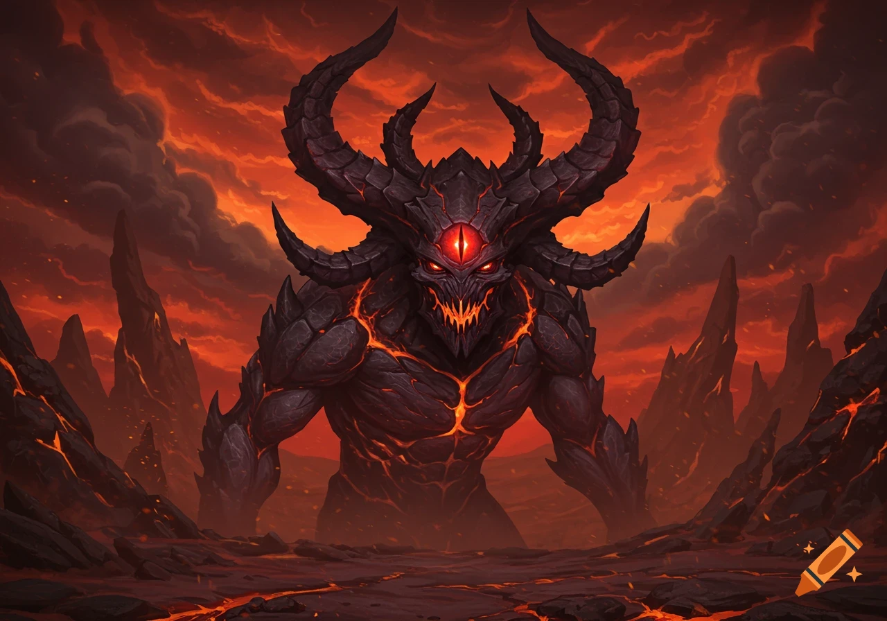 A menacing horned demon with a single red eye stands in a fiery, volcanic landscape.
