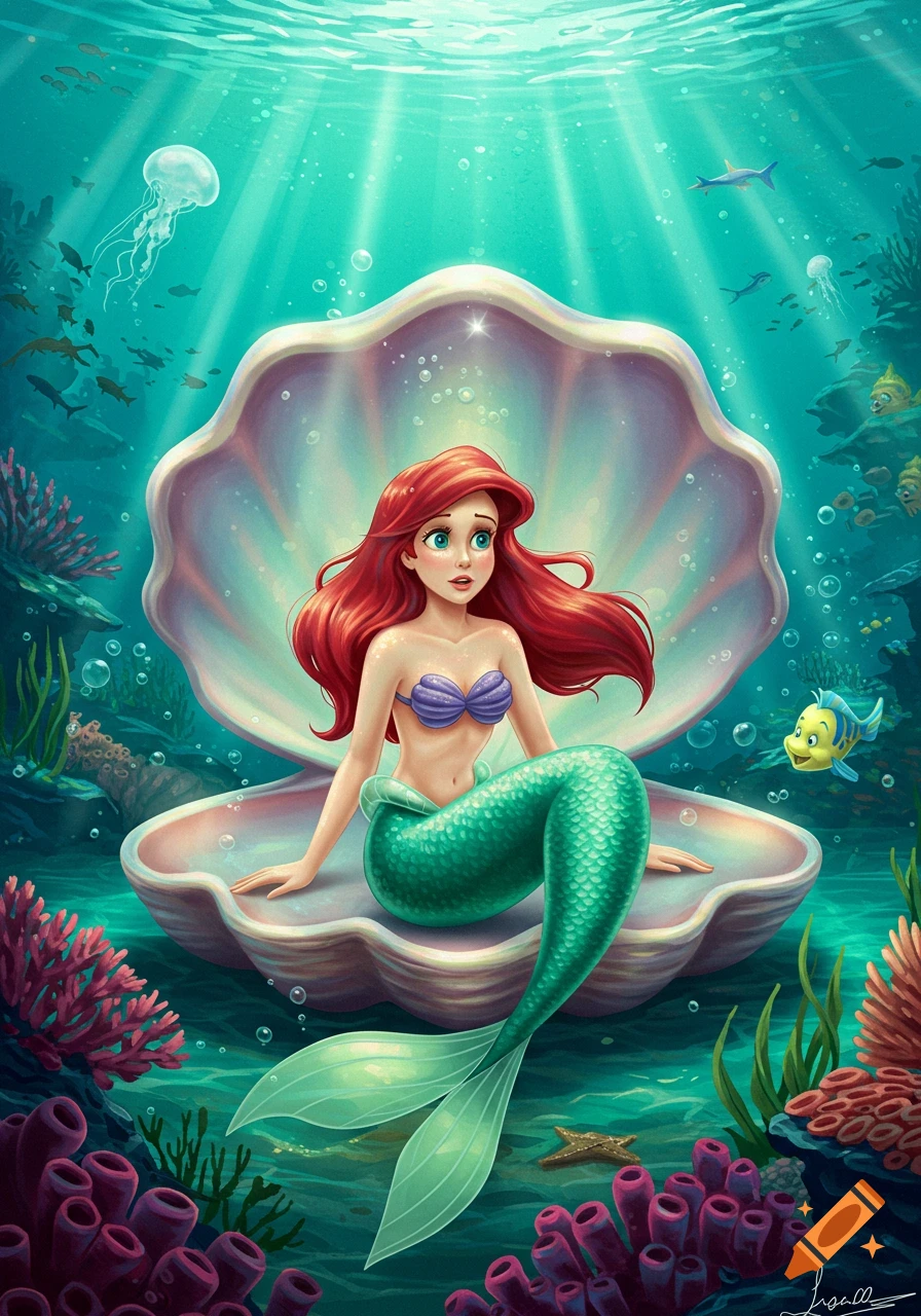 Cartoon Ariel, the Little Mermaid, with red hair and green tail, sits in a clamshell underwater with Flounder and coral.
