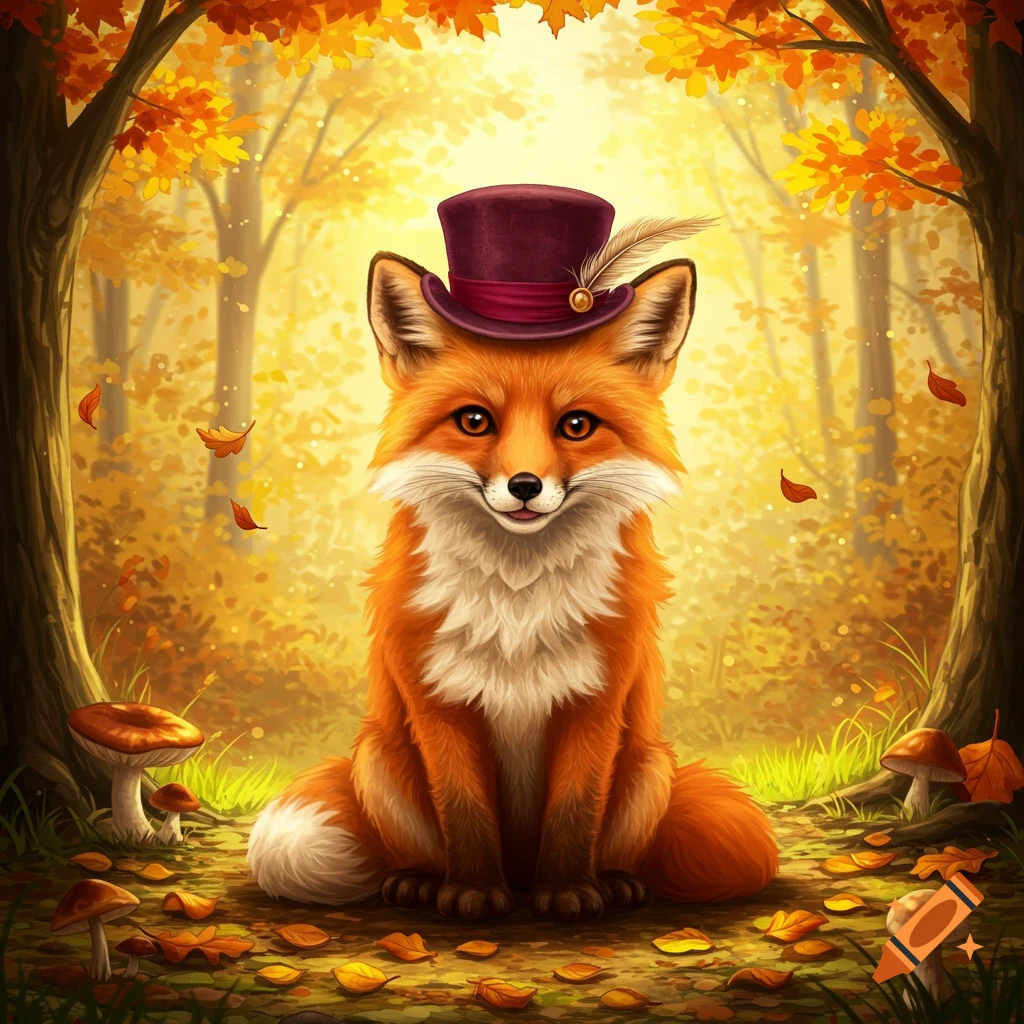 A cute orange fox wearing a purple top hat with a feather sits in an autumn forest surrounded by fallen leaves and mushrooms.