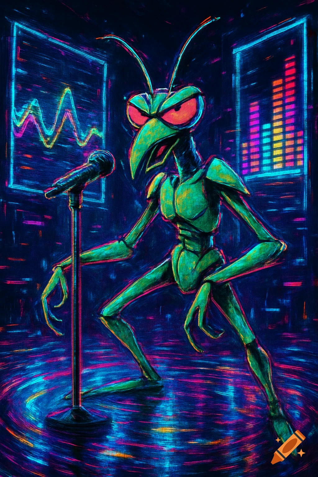 A green praying mantis character, Zorak, sings into a microphone on a neon-lit stage with glowing sound visuals.