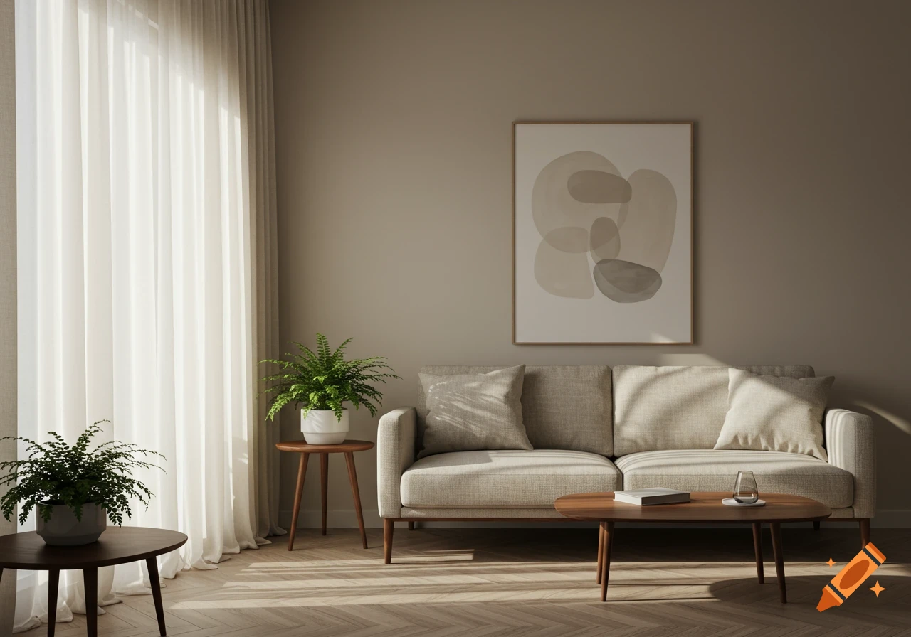 A modern living room with a beige sofa, coffee table, and potted plants. Sunlight streams through white sheer curtains onto a wooden floor. An abstract artwork hangs on the wall.