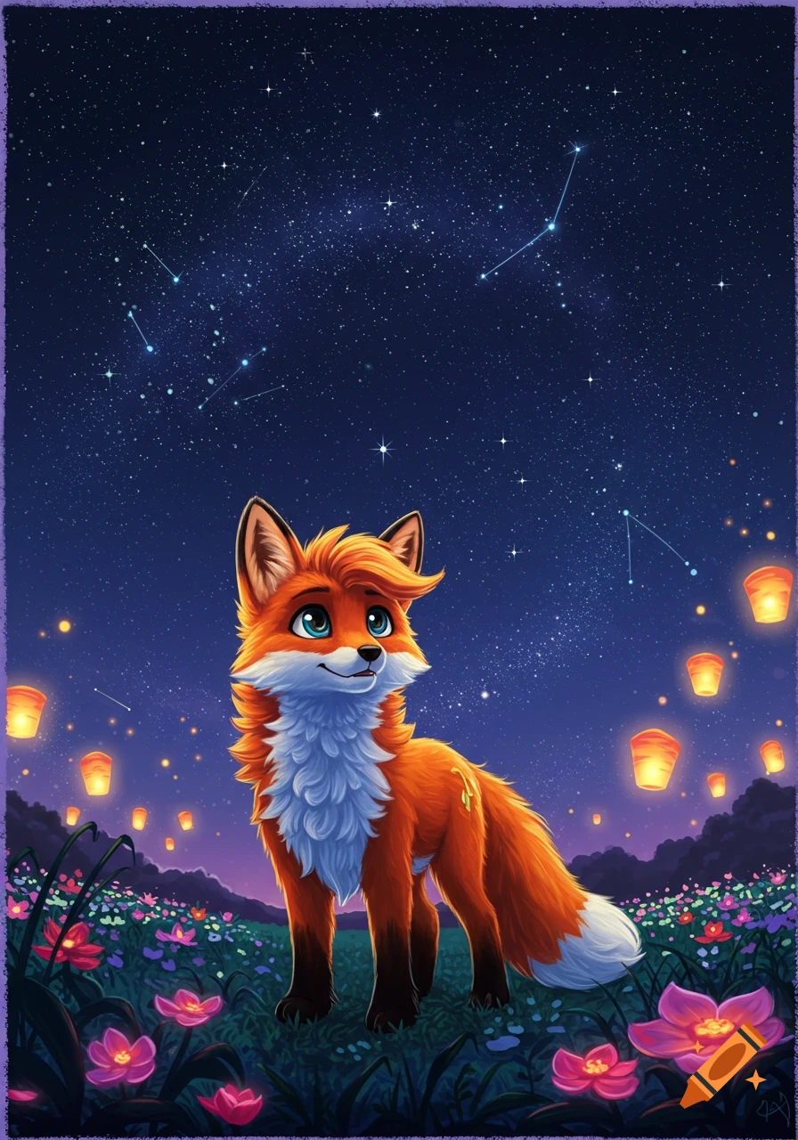 A cute stylized orange fox stands in a field of colorful flowers under a starry night sky with floating lanterns.