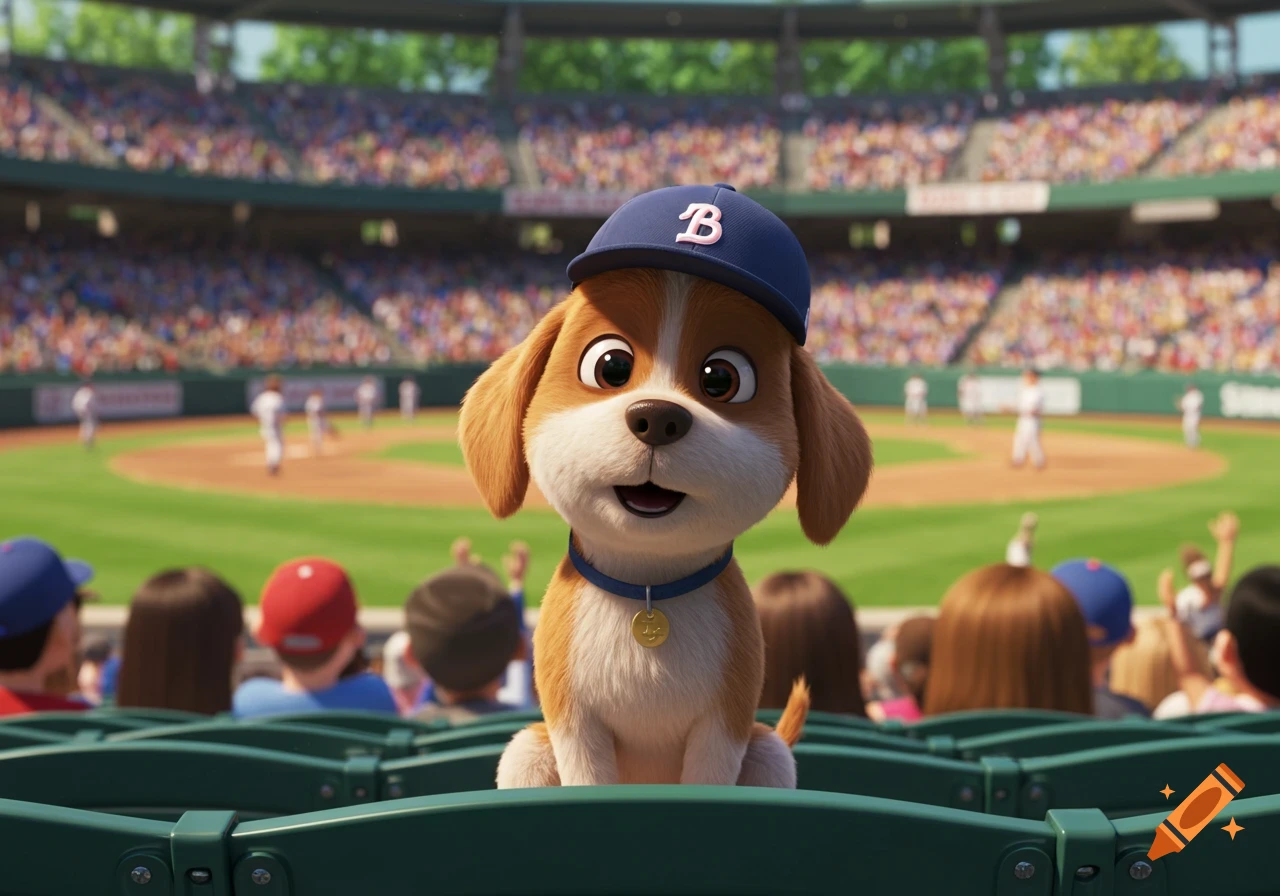 A cute cartoon dog in a blue baseball cap watches a baseball game from stadium seats, in Disney Pixar 3D animation style.