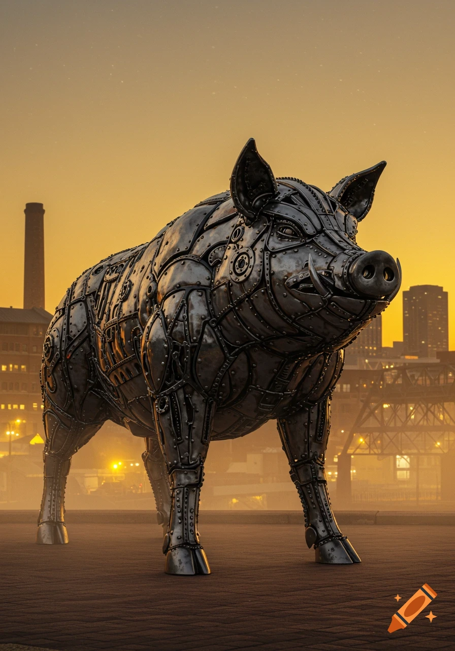 A large, detailed metallic pig sculpture stands on a street in a city at sunset. Buildings and bridges are visible in the background.