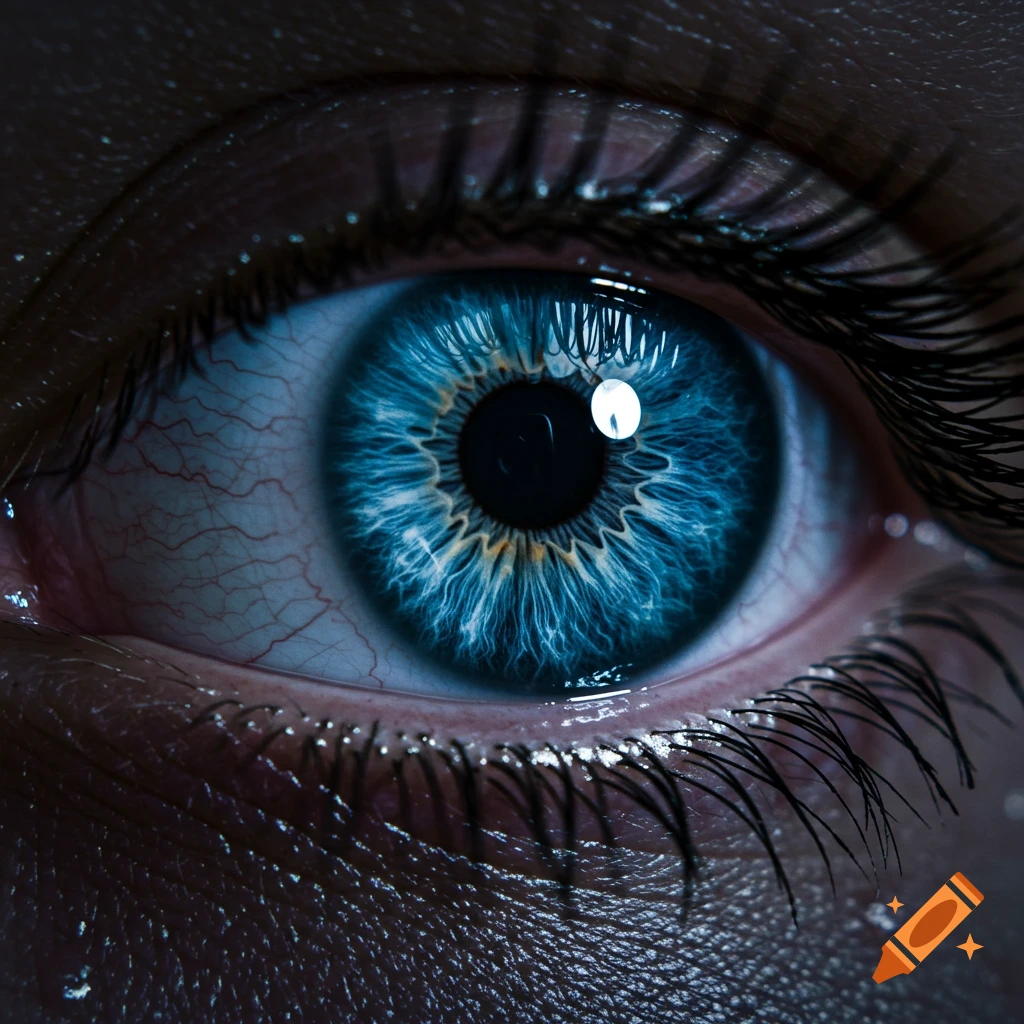 A highly detailed, photorealistic close-up of a blue human eye with visible veins and eyelashes.