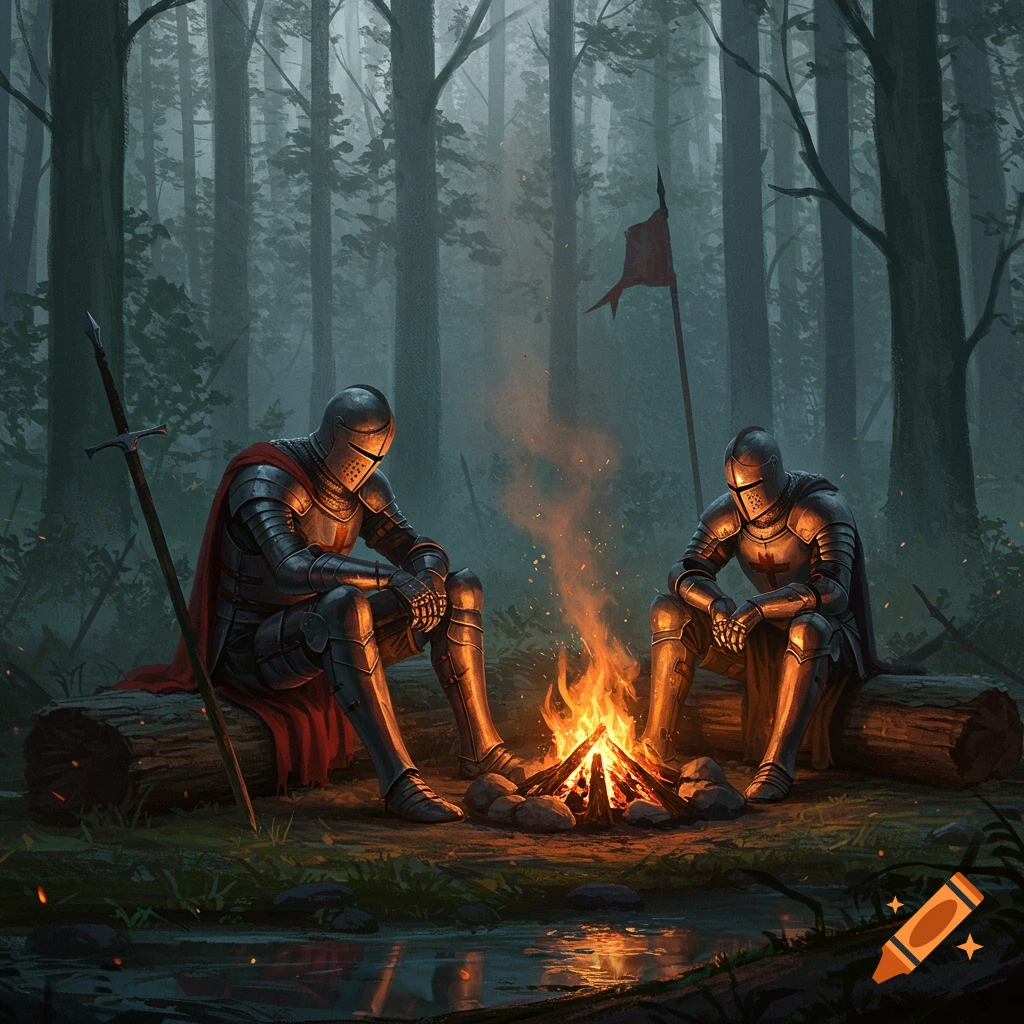 Two armored knights sit by a warm campfire in a dark, misty forest. The scene is rendered in a realistic, fantasy art style.