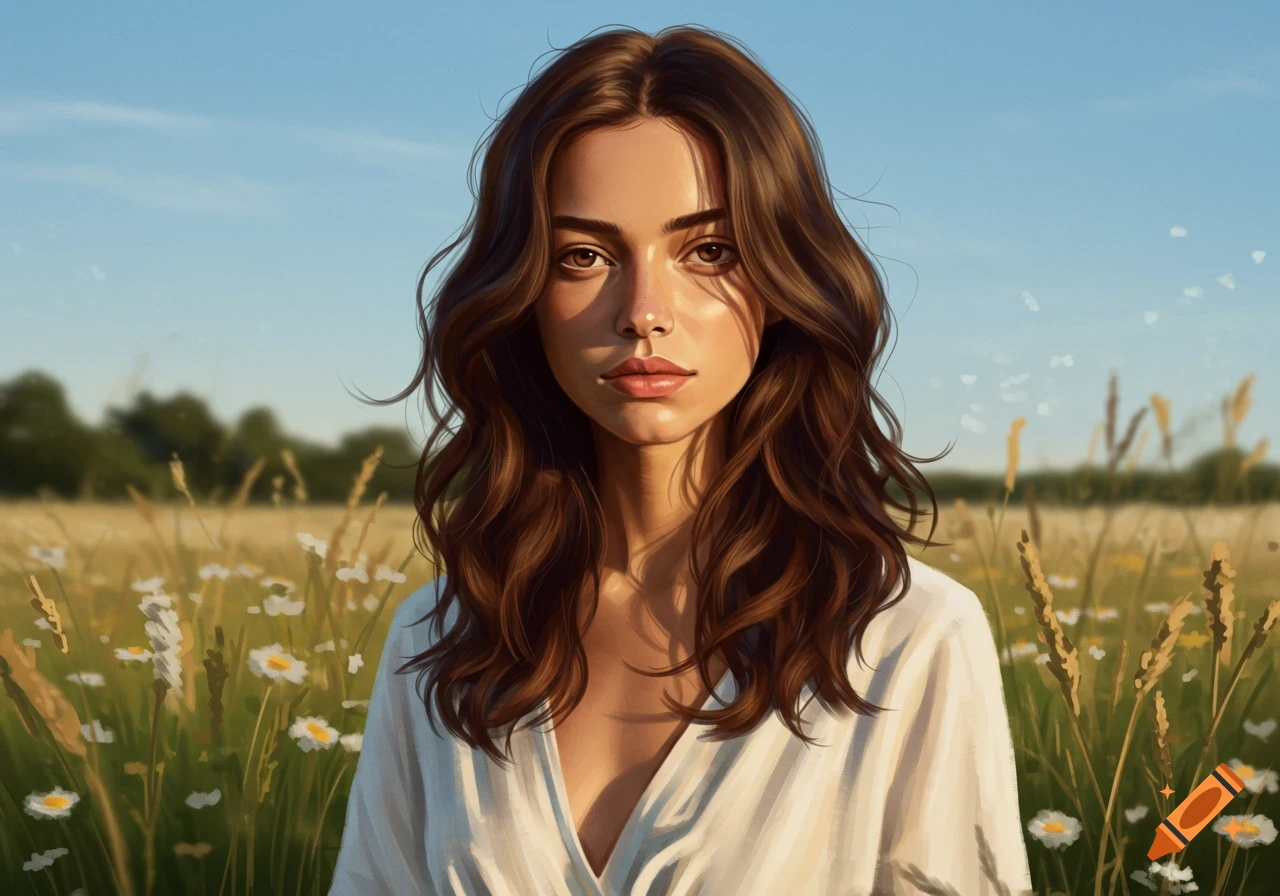 A digital painting of a young woman with long brown hair, wearing a white shirt, standing in a sunny field of wildflowers under a blue sky.