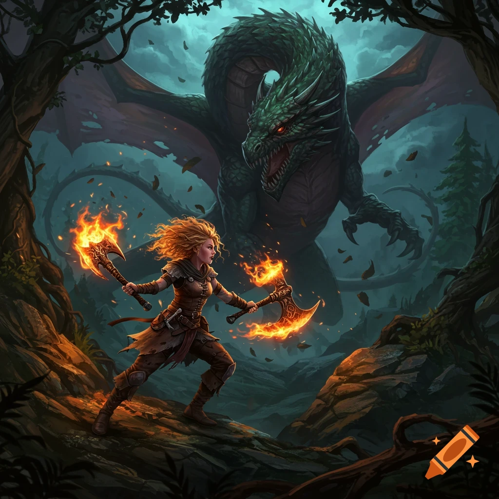 A brave blonde female ranger with flaming axes confronts a massive green dragon in a dark, misty forest.