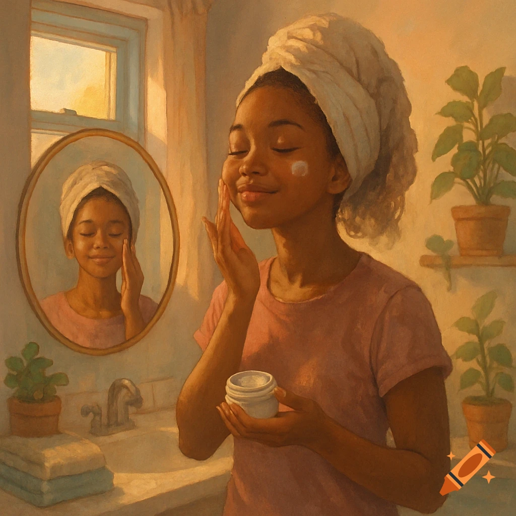 Teenage girl in a towel applying moisturizer in a sunlit bathroom, looking at her reflection. Painting style.