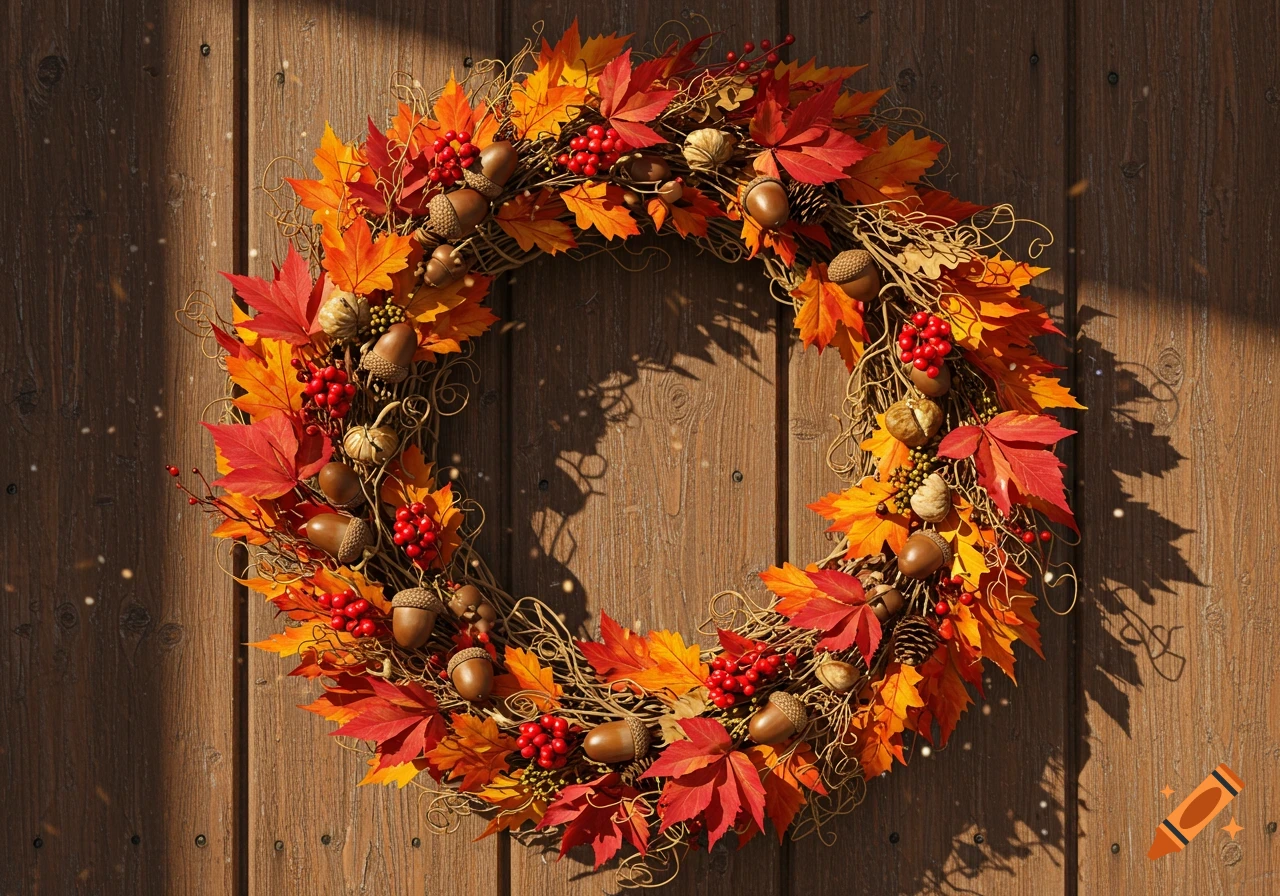 A vibrant autumn wreath adorned with red and orange leaves, acorns, and berries, hanging on a rustic wooden door in sunlight.