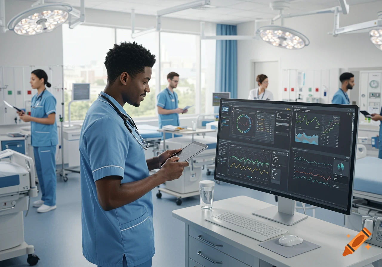 A photorealistic image of a male healthcare worker in a blue uniform looking at a tablet in a modern hospital ward with a large monitor displaying data.
