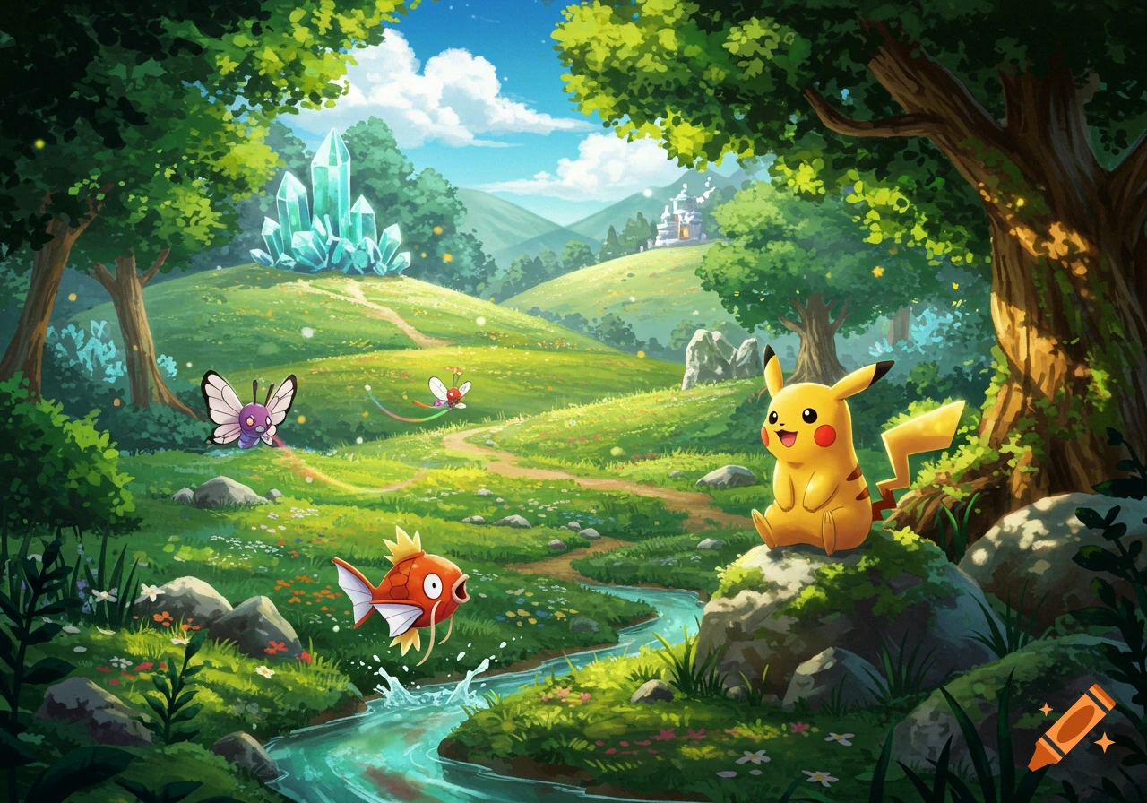 A vibrant illustration of Pikachu sitting on a mossy rock in a lush green valley with a stream, while Magikarp jumps from the water and two bug-like Pokémon fly among trees and crystals under a blue sky.