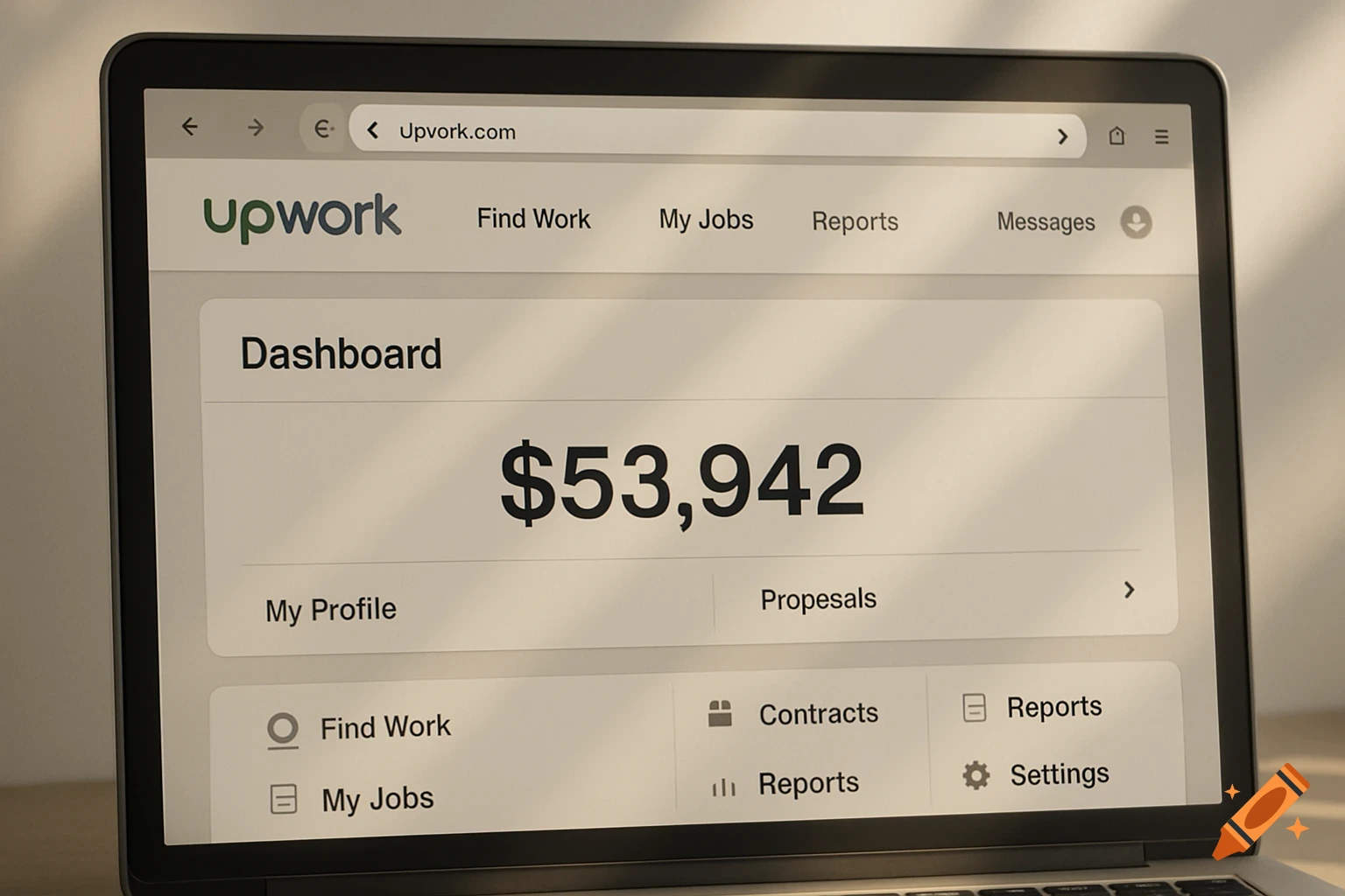 Close-up of a laptop screen showing an Upwork dashboard with a $53,942 payout and navigation menu.