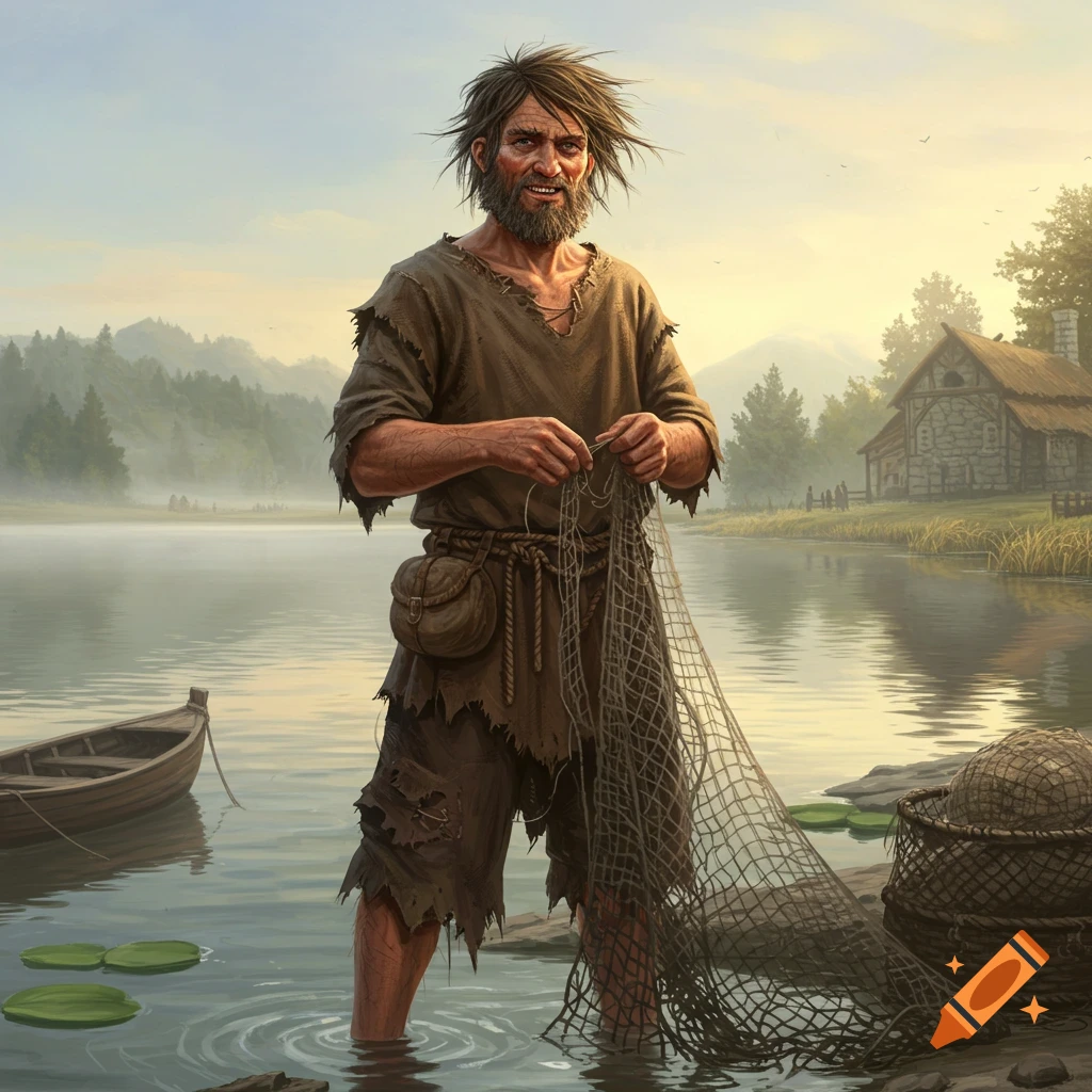 A medieval fisherman with messy hair and a beard stands in a lake, mending his fishing net. A boat and cottage are in the background at sunrise.