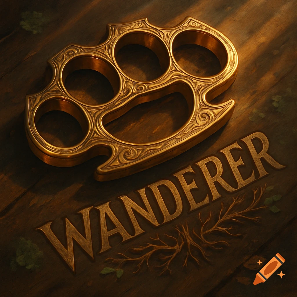 Ornate golden brass knuckles rest on a dark wooden surface, with the word "WANDERER" carved in a matching style below it.