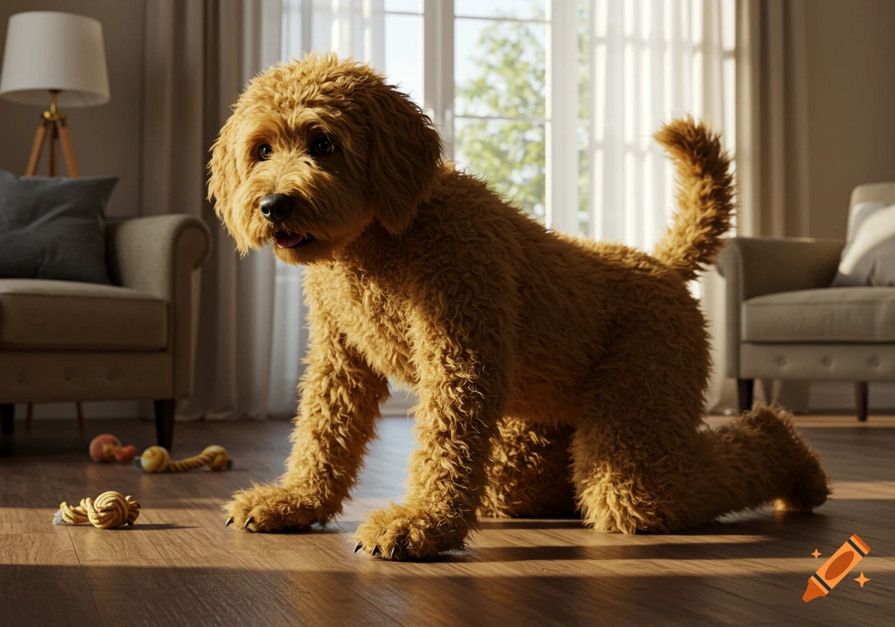A hyperrealistic Labradoodle on all fours in a sunlit living room with wooden floors and dog toys.