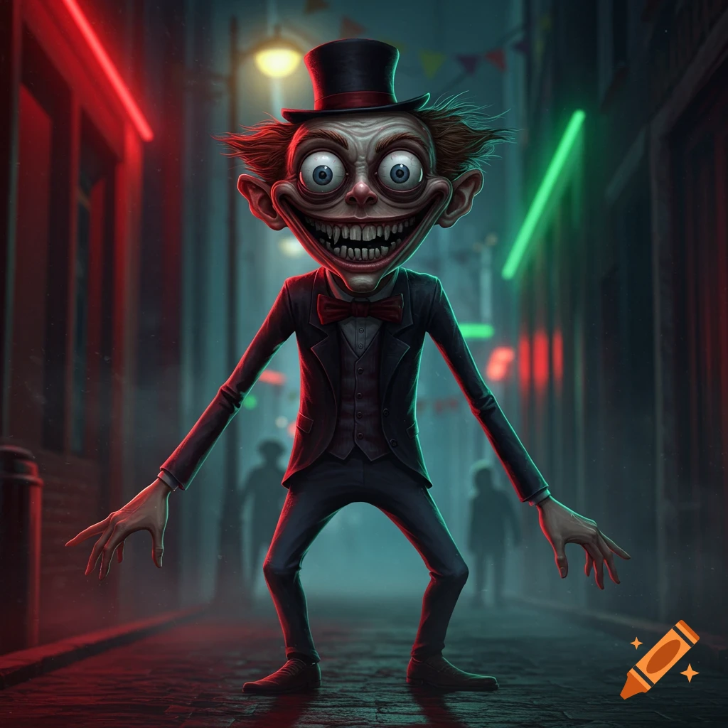 A creepy, wide-eyed, grinning man in a top hat and suit stands in a dark, neon-lit alley.