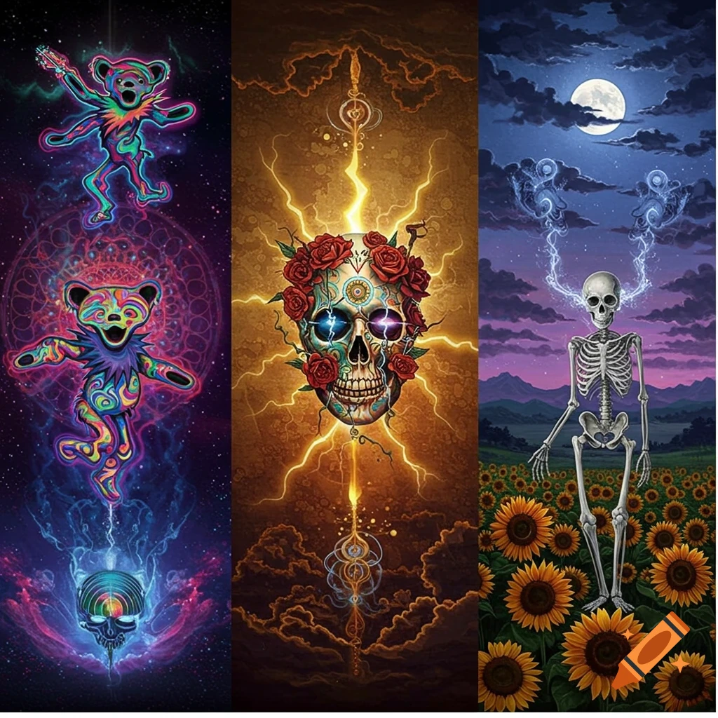 A psychedelic triptych: left panel with colorful dancing bears and a skull, middle with a floral skull and lightning, right with a skeleton in a sunflower field under a full moon.