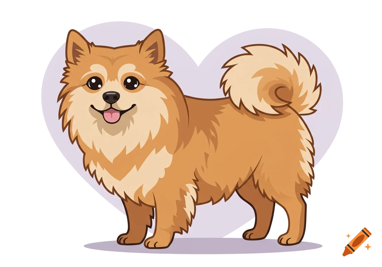 A happy cartoon Pomeranian dog illustration with a light purple heart in the background.