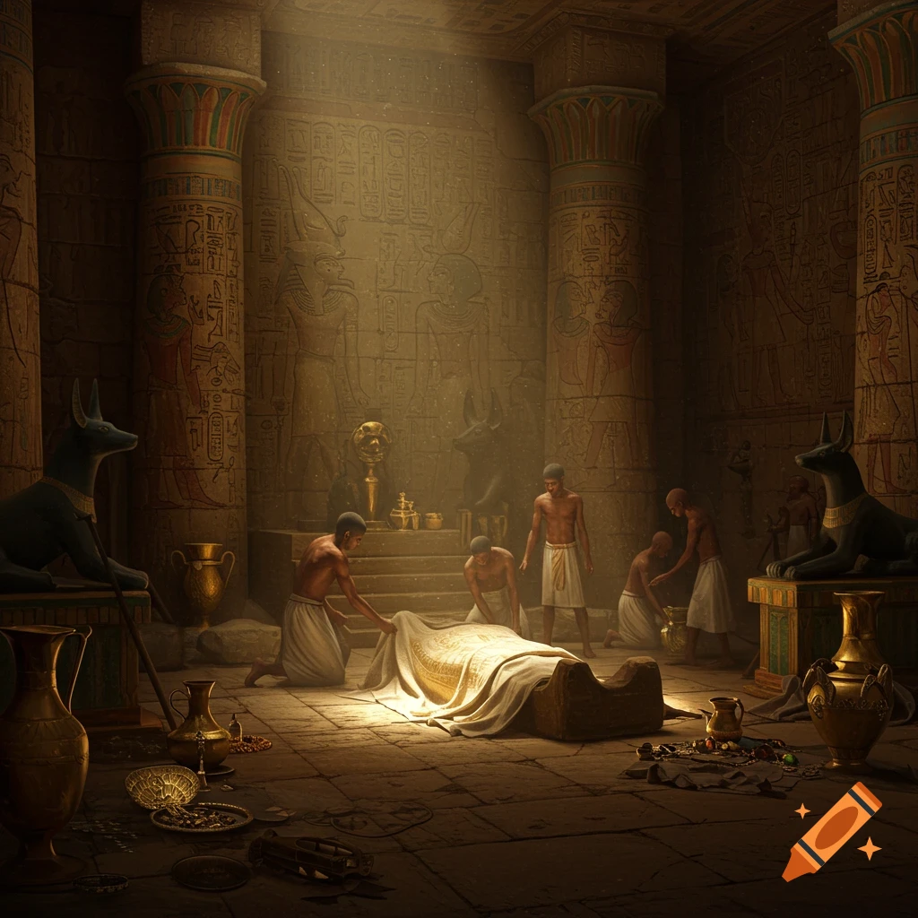 Ancient Egyptian tomb scene with servants preparing a sarcophagus under a ray of light, surrounded by statues and artifacts.
