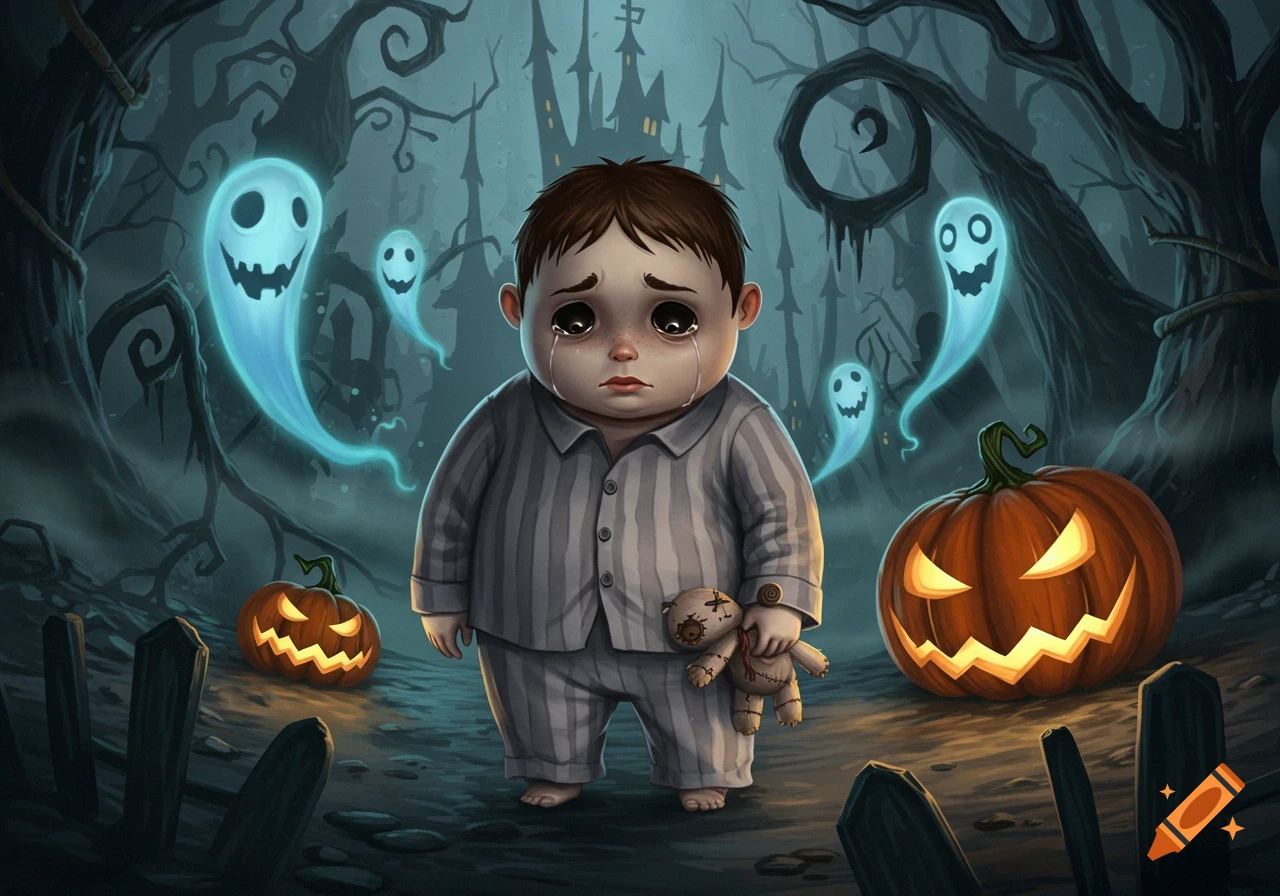 A sad, crying child in pajamas holds a teddy bear surrounded by glowing pumpkins and blue ghosts in a spooky, dark forest setting.