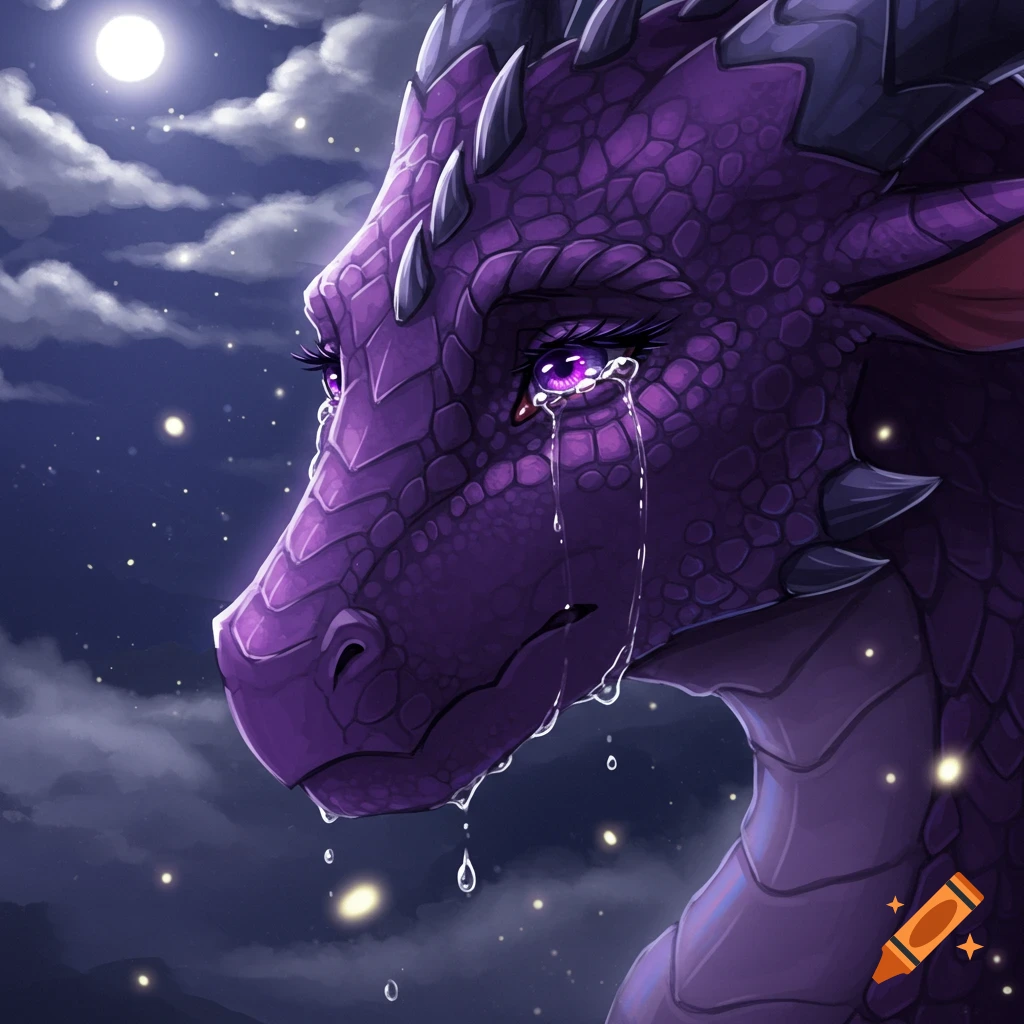 Close-up of a purple dragon with scales and bright purple eyes, crying under a full moon in a starry night sky.