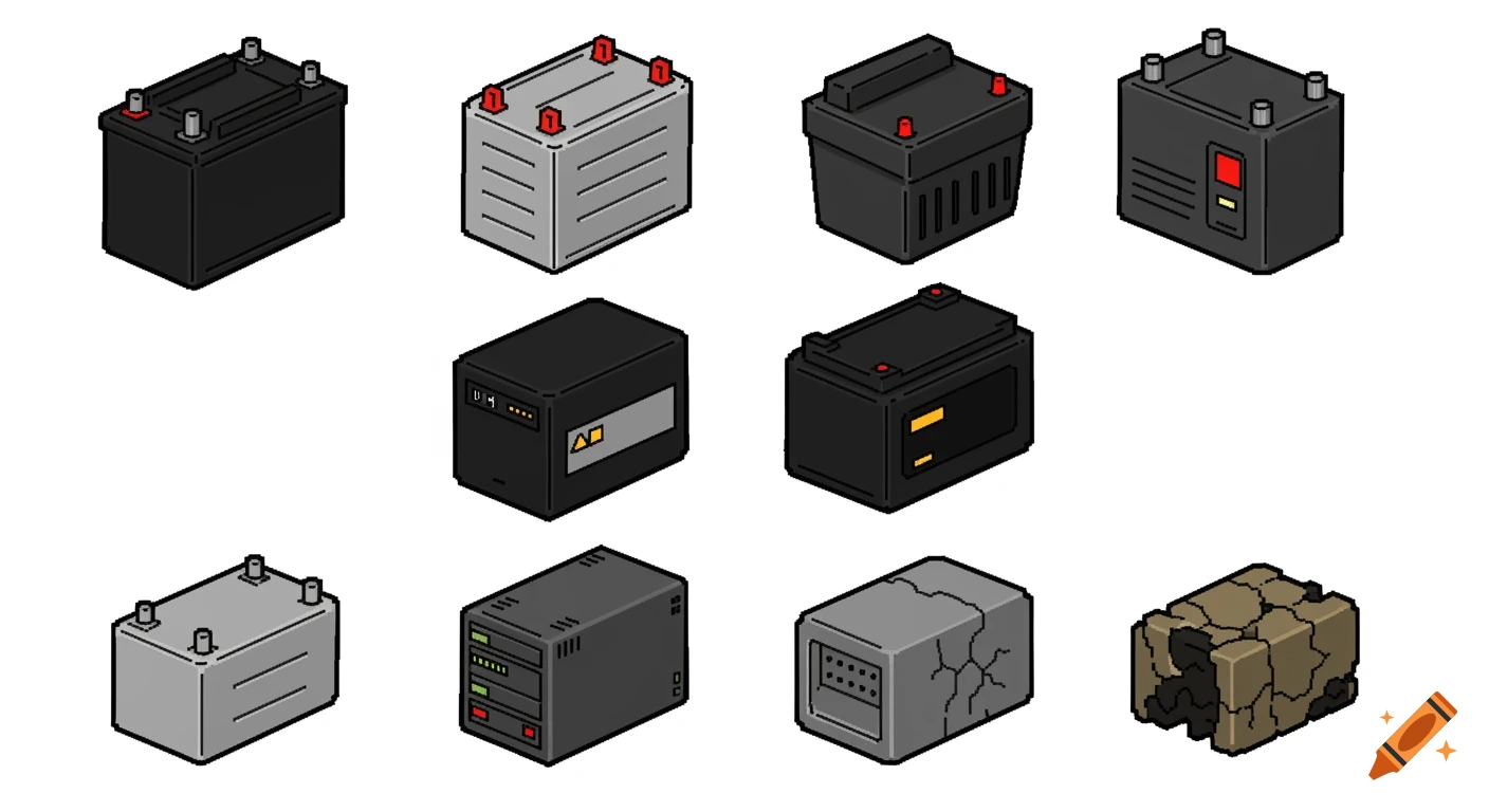 A 2D pixel art sprite sheet featuring 8 different battery types, including car, marine, power tool, laptop, UPS, scooter, server, and damaged industrial batteries, on a white background.