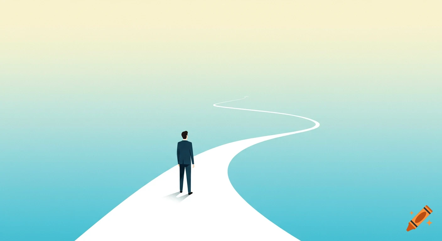 A person in a suit stands on a wide white path curving into the distance against a blue and yellow gradient sky, symbolizing a career transition.