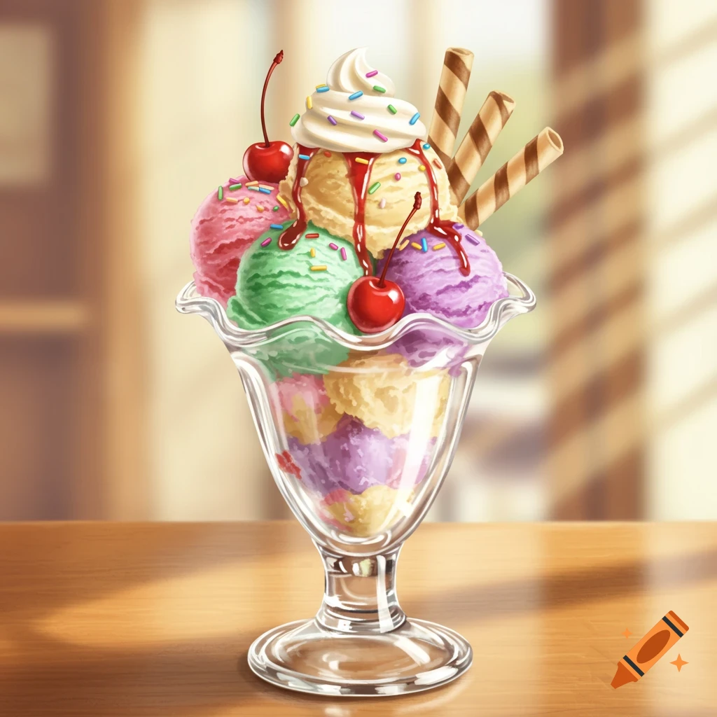 A vibrant ice cream sundae with colorful scoops, whipped cream, sprinkles, cherries, and wafer sticks in a glass dish.