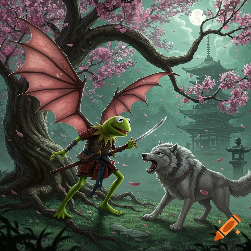 Kermit the Frog with dragon wings in samurai armor fights a wolf under a cherry blossom tree and moonlit sky, with a Japanese pagoda in the background.